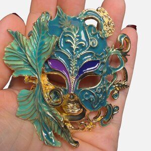 Venetian Mask Brooch Teal Enamel Gold Tone Statement Pin Pendant – 3”